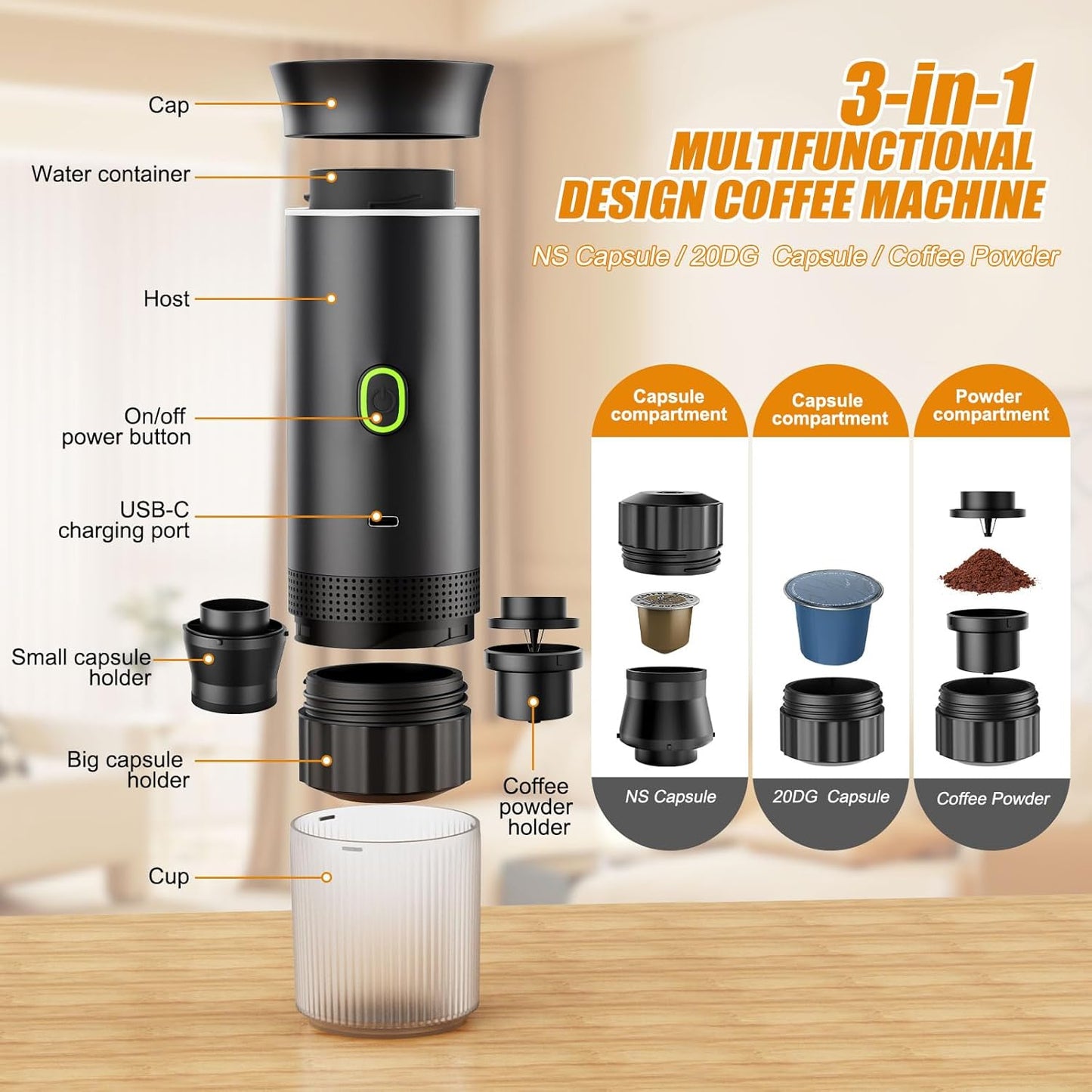 Machine à café expresso portable électrique, compatible avec capsules et café en poudre