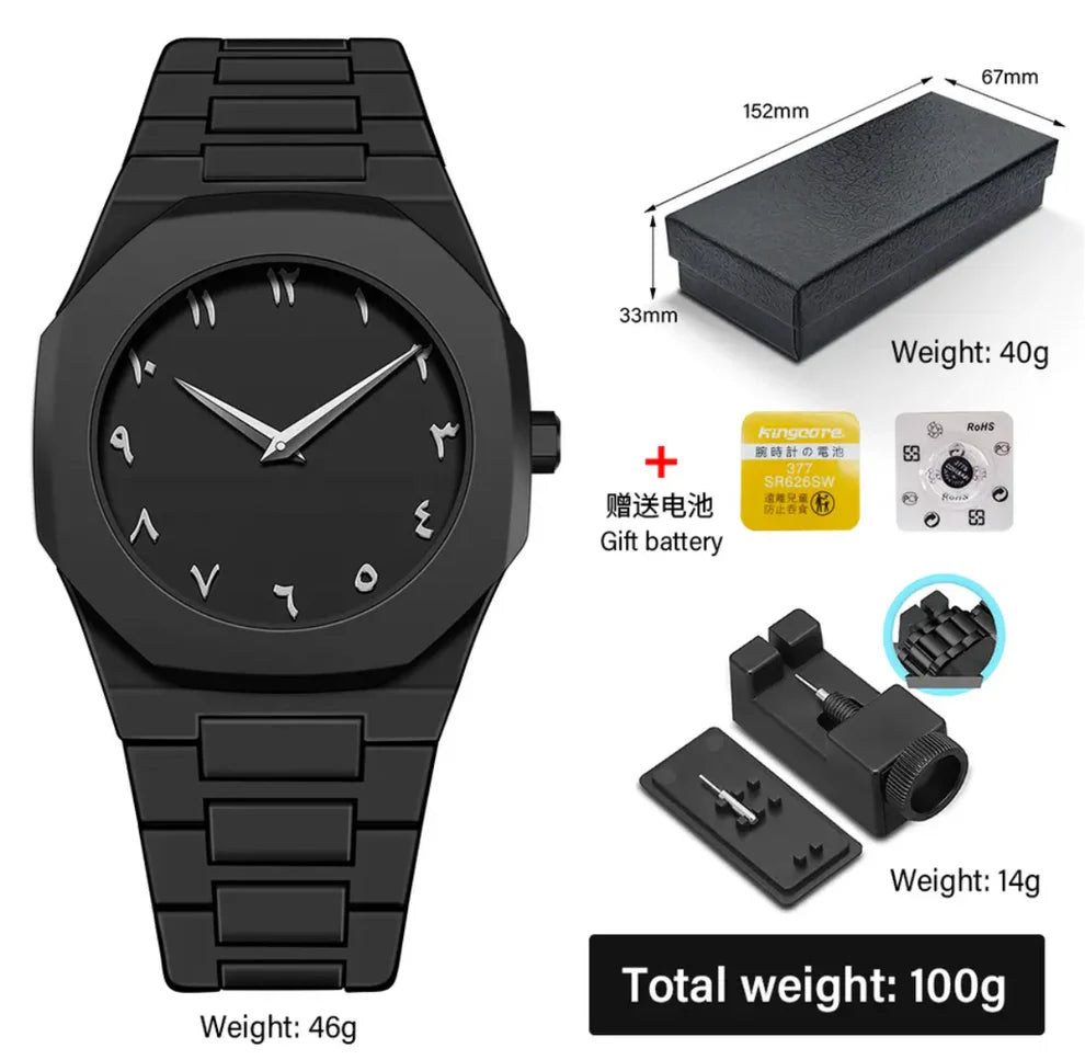MONTRE ARABIC FULL BLACK - RESISTANTE A L'EAU - INDICATEURS EN CHIFFRES ARABES